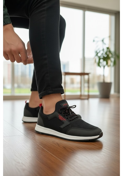 Enoch Erkek Lastikli Günlük Spor Ayakkabı Kapitone Desenli Sneaker Ofis Ve Yürüyüş Modeli Siyah - Kırmızı