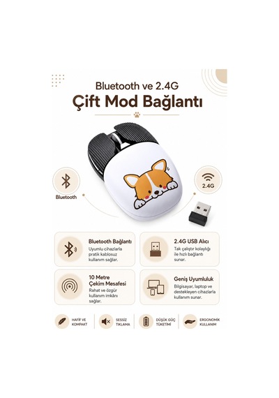 Şarjlı Bluetooth 2.4g Sessiz Kablosuz Mouse Köpek Desenli Çok Renkli Diğer