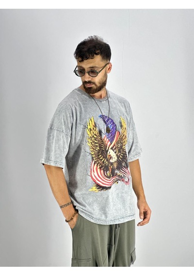 Cocopelli Erkek Yıkamalı Kumaş Baskılı T-shirt Coc2216 Gri