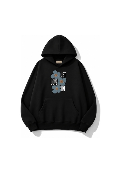 Herkesemoda Love Çiçek Baskılı Kapüşonlu 2 İplik Şardonlu Sweatshirt Siyah