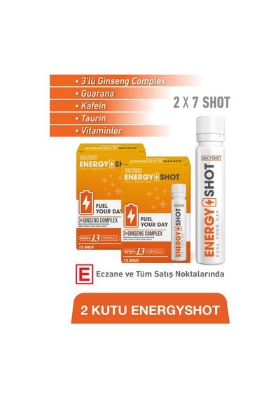 Energyshot 3 Lü Ginseng Complex, Guarana, Kafein, Taurin Ve Vitaminler İçeren Gıda Takviyesi 2x7 Shot