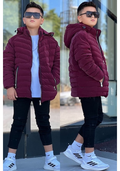 Pina Kids Erkek Çocuk Çıkarılabilir Kapüşonlu Sık Dikişli Nova Kumaş Kışlık Şişme Mont Km4016 Bordo