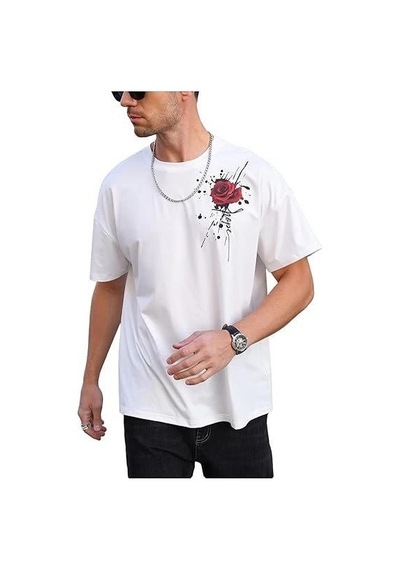 Erkek Bisiklet Yaka Kısa Kol Baskılı T-shirt - Beyaz Siyah