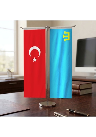 Kırım Bayrağı Ve Türk Bayrağı Kırlangıç T Tipi Masa Bayrak Takımı Diğer