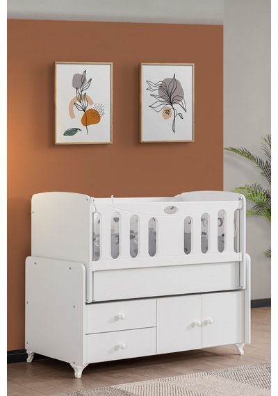 Beşik, Armadi Çekmeceli Dolaplı Sallanan Beşik 60x120 Cm Beyaz Çok Renkli