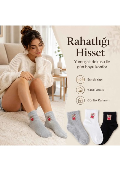 Çorap Giyim Kadın Ayıcık Desenli Kısa Konç Çorap 3 Lü Paket, %80 Pamuklu Dikişsiz Burun, Nefes Alan Yumuşak Bilek Çorabı, Siyah Beyaz Gri Çok Renkli Çorap Giyim Kadın Ayıcık Desenli Kısa Konç Çorap 3 Lü Paket, %80 Pamuklu Dikişsiz Burun, Nefes Alan Yumuşak Bilek Çorabı, Siyah Beyaz Gri Çok Renkli