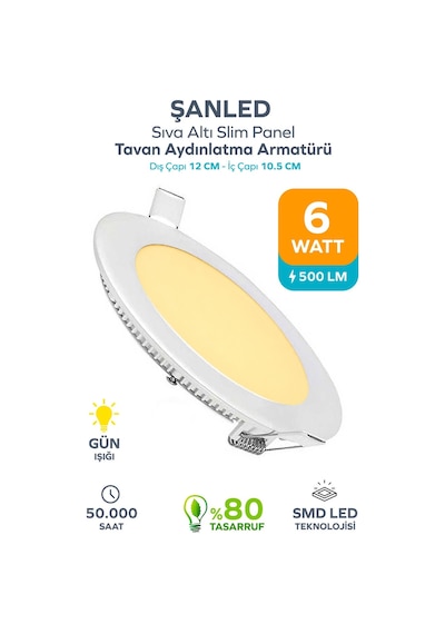 Şanled 6w Tasarruflu Led Yuvarlak Gün Işığıı Sıva Altı Slim Panel 1 Adettir Gün Işığı