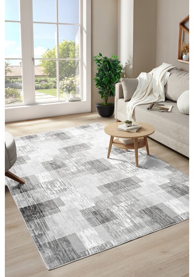 Raschel Carpet Premium Yıkanabilir Leke Tutmaz Modern Oturma Odası Halısı Geometrik Gri Özel Seri Kaymaz Taban Halı Çok Renkli