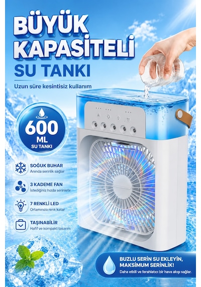 Exenar - Siyah - Buharlı Serinletici Masaüstü Mini Fan Nemlendirici Led Işıklı Hava Soğutucu Vantilatör 600ml 3kademe