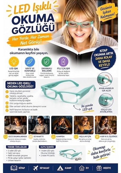 Led Işıklı Camsız Kitap Okuma Gözlüğü Pratik Kitap Lambası, Gece Okuma Işığı, Okuma Gözlüğü Su Yeşili