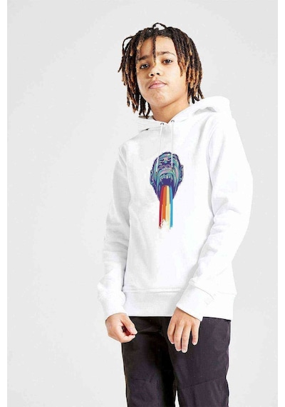 Tshirthane Monkey Baskılı Unisex Çocuk Kapüşonlu Beyaz Sweatshirt Beyaz