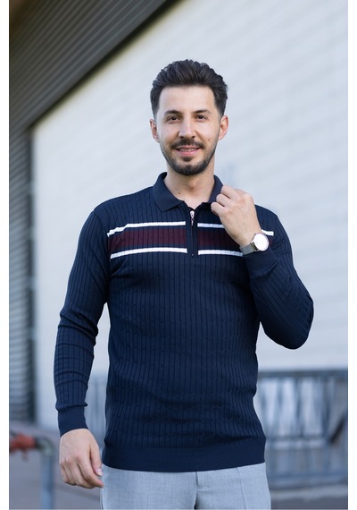 Hk Premium Kazak Polo Yaka Fermuarlı Şerit Detaylı Triko Lacivert