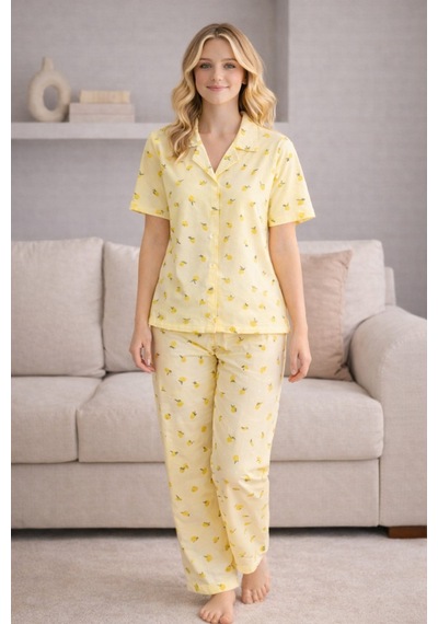 Free Beka Kadın Önden Düğmeli Devrik Yaka Kısa Kol Uzun Pantolon Desenli Pijama Takımı Sarı Free Beka Kadın Önden Düğmeli Devrik Yaka Kısa Kol Uzun Pantolon Desenli Pijama Takımı Sarı