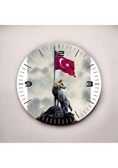 AA Shop Renkli Baskı Türk Bayrağı Ve Bozkurt Desenli Sayılı Hediyelik Ahşap Sessiz Duvar Saati 50cm ÇOk Renkli