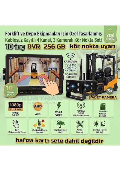 10 İnç Dvr Dokunmatik 3 Adet Kablosuz Kamera Ahd 1080p Monitör Bsd Kör Nokta Sistemli 12 24 V