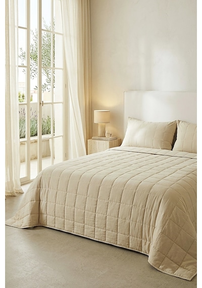 Ocean Home Textile %100 Pamuk Kumaş Kapitoneli Bej Çok Amaçlı Çift Kişilik Yatak Örtüsü Seti 1 Adet 250 X 230 / 2 Adet 50 X 70 Cm