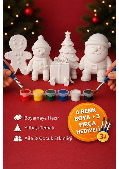 Yılbaşı Temalı 5 Li Boyama Seti 6 Renk Boya + 3 Fırça Hediyeli Eğlenceli Aktivite