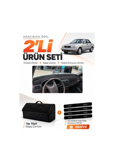 E-biz Nissan Sunny 1990-1995 Uyumlu Torpido Örtüsü + Tay Tüyü Bagaj Çantası Seti - Siyah - Nı018