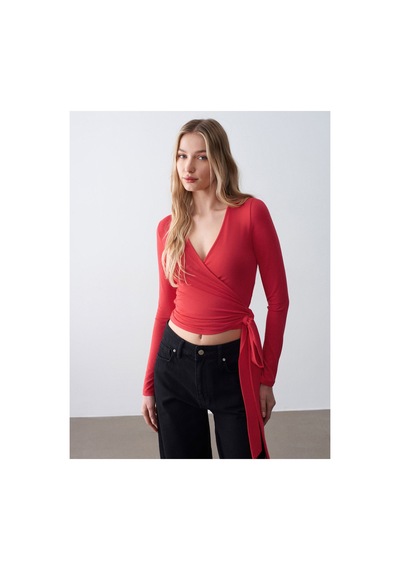 Dilvin 32645 Uzun Kollu Kruvaze Top Kırmızı