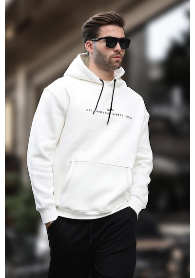 Madmext Ekru Kapüşonlu Nakış Detaylı Cepli Erkek Sweatshirt 7066-ekru Ekru