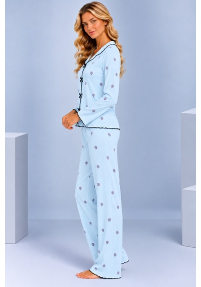 Pijamask Kadın Desenli Fiyonk Detaylı Düğmeli Uzun Kollu Müslin Pijama Takımı Mavi