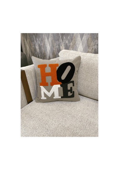 Dekoratif Kırlent Kılıfı Home Yazılı Punch Dokulu Modern Salon Koltuk Bej Bej