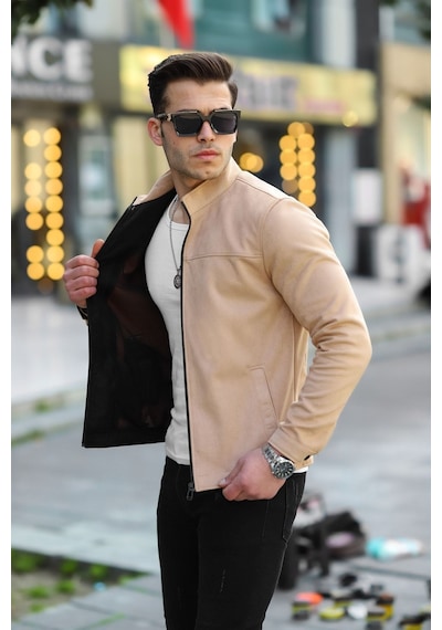 Premium Örme Triko Kol Dik Yaka Süet Ceket Krem