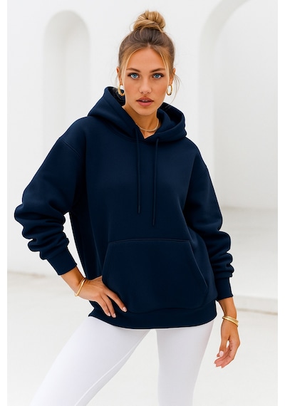 Kadın Lacivert Kanguru Cepli Kapüşonlu Scuba Sweatshirt Lacivert