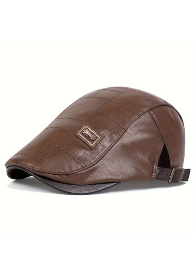 Erkek Suni Deri Gözlük Şapkası Kare Dikiş Detaylı Ayarlanabilir Flat Cap 3 Renk Kahverengi