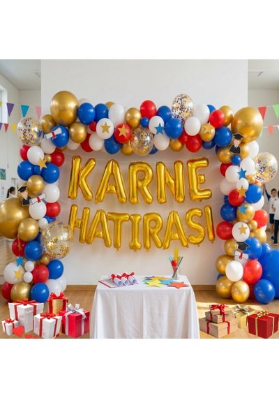 Karne Temalı Karne Hatırası Gold Folyo Harf Kırmızı Beyaz Mavi Gold Balon Süsleme Beyaz - Kırmızı - Mavi