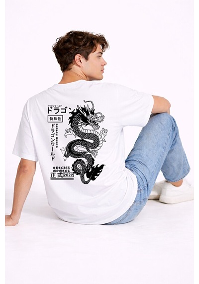 Nevermind Oversize Erkek Tişört Arkası Baskılı Dragon Japon Style Streetwea Beyaz