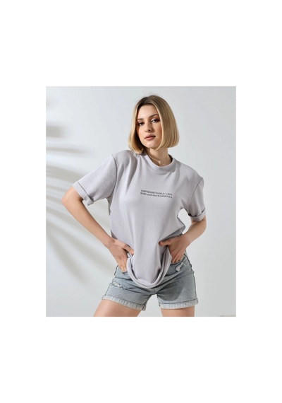 Kadın Bisiklet Yaka Baskılı Slim Fit T-shirt - Boyalı Gri