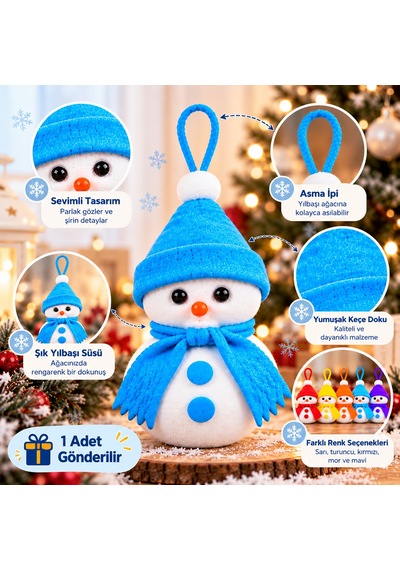 Bakgelal Yılbaşı Ağacı Süsü Kardan Adam Figürlü 16 Cm Keçe Şapkalı Ve Atkılı Asılabilir Dekoratif Süs Mavi Şapkalı - 9093691700602