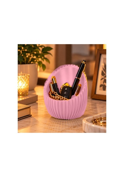 Dekoratif Oluklu Yumurta Formlu Tealight Mumluk Ve Masaüstü Düzenleyici 10x5 Cm - Pembe