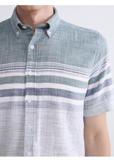 Lcwaıkıkı Classic Yeşil Regular Fit Kısa Kollu Çizgili Armürlü Erkek Gömlek