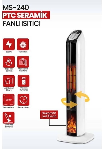 Seramik 2000 W Fanlı 25 Metrekare Alanda Etkili Şömine Efektli Kumandalı Isıtıcı