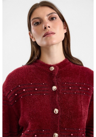 Olcay İnci Detaylı Soft Kumaş Triko Hırka Bordo 8296