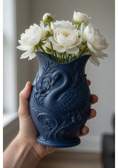 Kuğu Desenli Dekoratif Vazo 15 Cm 3d Baskılı Mat Dokulu Şık Masa Ve Raf Dekoru Lacivert