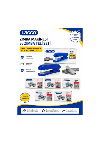 Lacco Zımba Makinesi Seti 24/6 Zımba Makinesi 5 Kutu Zımba Teli Toplam 5000 Adet Dayanıklı Metal Ofis Okul Ev Kullanımı