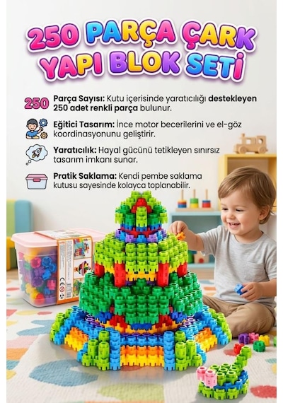 250 Parça Çarklı Saklama Kutulu Renkli Eğitici Zeka Geliştirici Yapı Oyuncak Seti