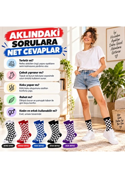 COJans Unisex Çorap Dama Desenli Renkli 10'lu Set Kareli Uzun Soket Günlük Spor Eğlenceli Rahat Çorap Seti Çok Renkli