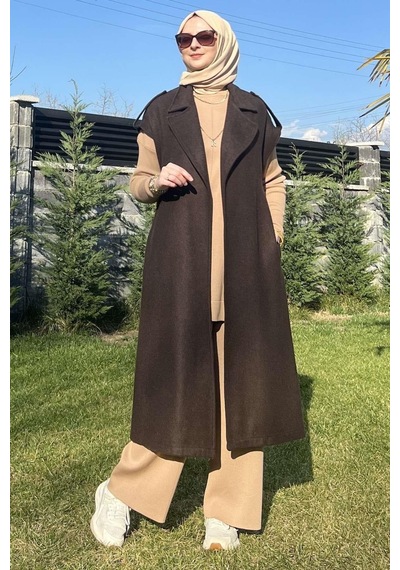 Rabia Şamlı Apoletli Acı Kahve Yelek Normal