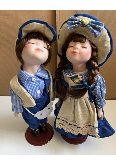 Kumaş Kıyafetli 2' Li Set Porselen Bebek Özel Kadın Ve Erkek Set Mavi Elbiseli Diğer