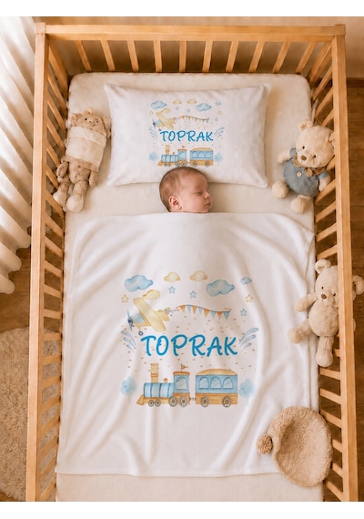 Pia Baby İsme Özel Erkek Bebek Tulum Seti %100 Pamuk Organik Baskılı Yastık Kılıfı Ve Battaniyeli Tulum 2096tyb3x Ekru