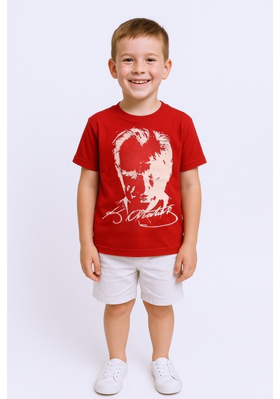 Çocuk Atatürk Ayyıldız Baskılı Tshirt Kısa Kollu A62 Kırmızı - Beyaz