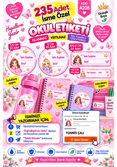 Okul Etiketi 235 Adet Kişiye Özel İsim Yazılabilen Sticker Çok Renkli