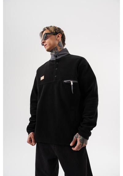 Respire Erkek Düğme Detaylı Oversize Polar Sweatshirt Siyah