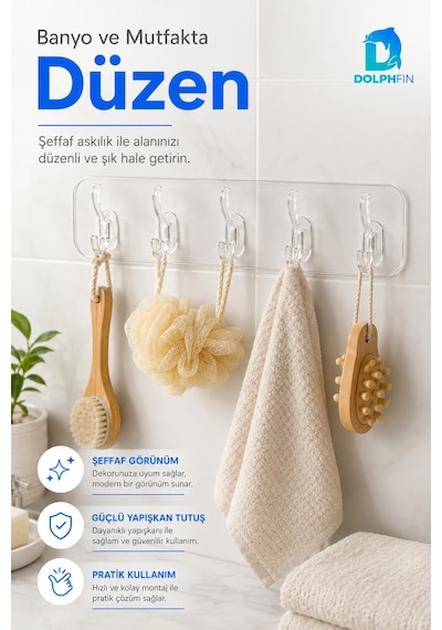 5 Kancalı Şeffaf Yapışkanlı Duvar Askılığı Delmeden Montaj -şeffaf