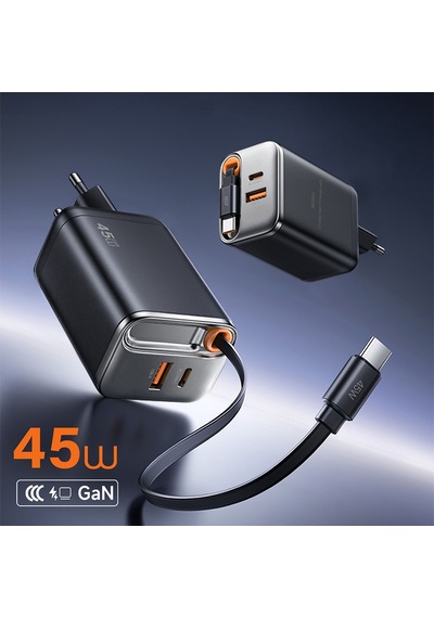 Wiwu Wi-g021 Helix Serisi Gan Teknolojili Usb-a To Type-c Pd 45w Type-c Kablolu Şarj Seti Siyah