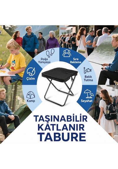 Microcase Çok Amaçlı Kompakt Katlanır Çift Saklama Bölmeli Kamp Taburesi Siyah 1 Adet Al5628